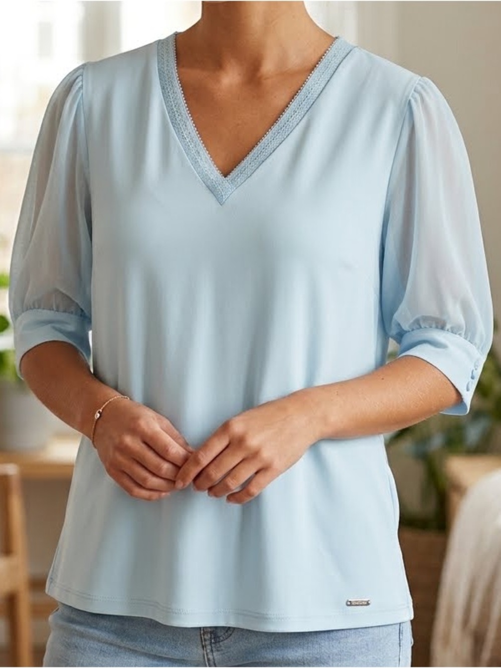 Calvin Klein Top Pale Blue V-Neck Sheer Sleeve Medium Minimalist Feminine Office